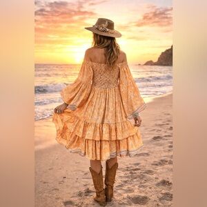 Off the shoulder SILK boho dress w Gypsy sleeves gold sparkle & western vibe